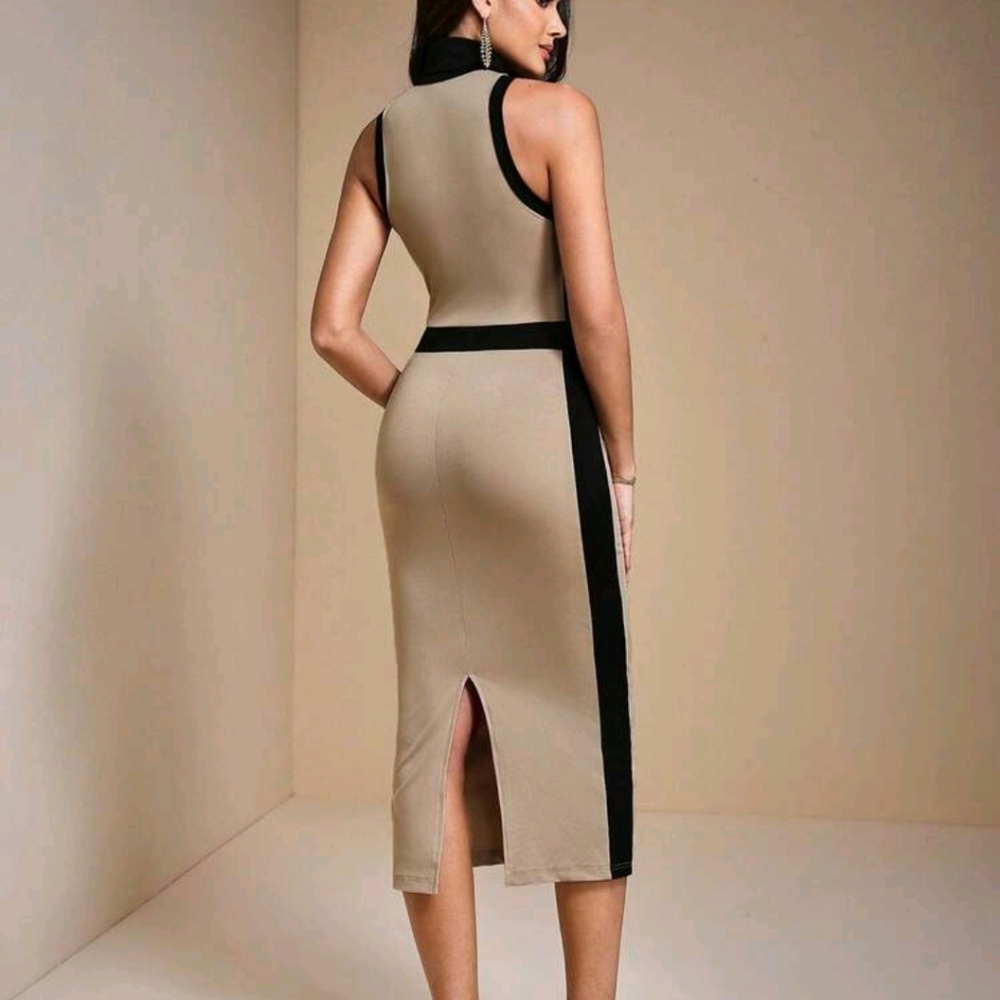 Turtleneck Color-Blocked Sleeveless Knit Fitted Midi Dress Women Autumn Elegant - Picture 2 of 5